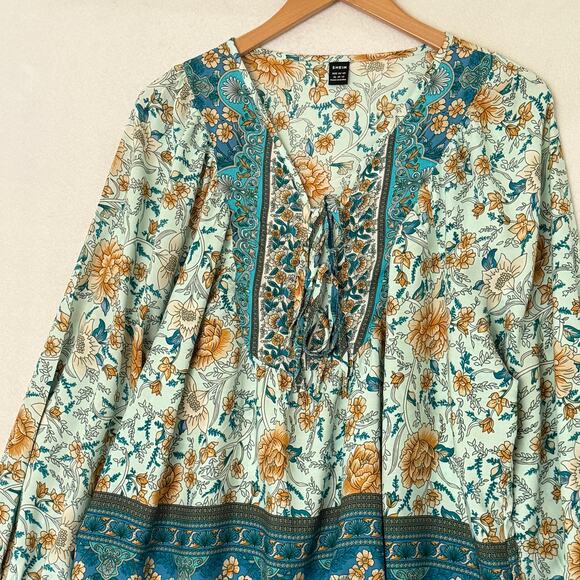 Cottagecore Floral Long Sleeve Lace-Up Blouse Size XL Boho Fall Indie Style - Picture 4 of 14